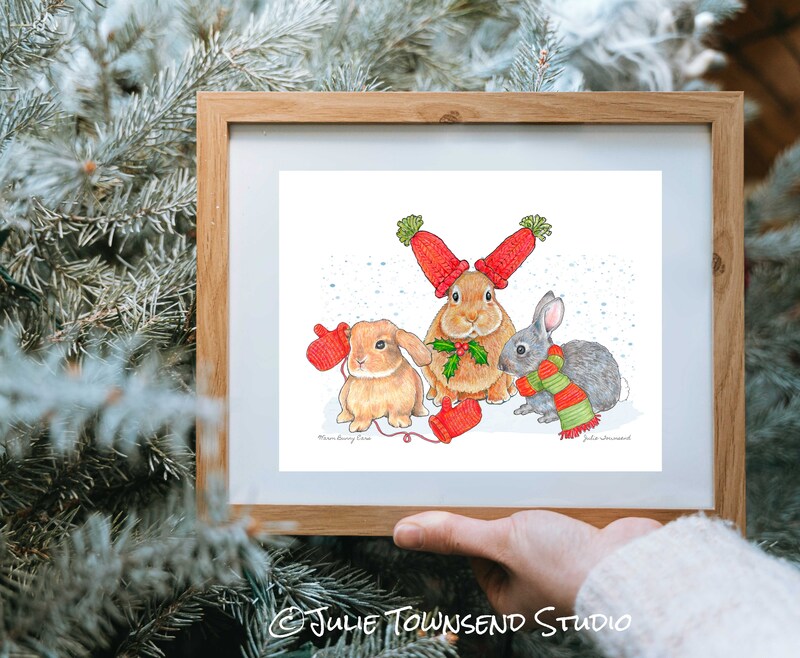 ART PRINT -WARM BUNNY EARS - A Whimsical Drawing of Bunnies - Art to Display for the Winter Season - Brighten Any Room for the Holidays